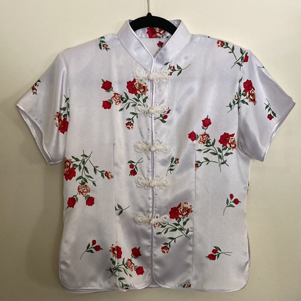 Asian Chinese Floral White Red Silky Top Vintage Blouse Y2K Shirt